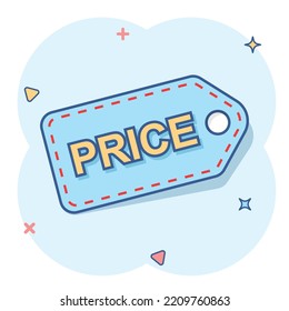 Price coupon icon in comic style. Price tag vector cartoon illustration on white isolated background. Sale sticker business concept splash effect.
