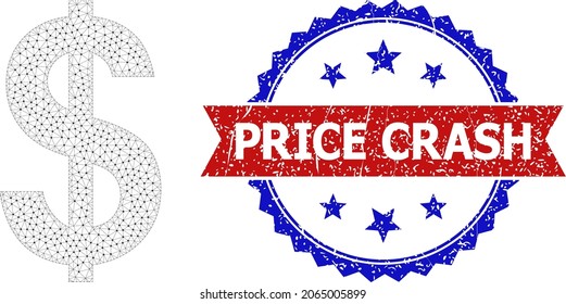 Price Crash unclean badge, and dollar sign icon mesh model. Red and blue bicolor stamp seal has Price Crash text inside ribbon and rosette. Abstract 2d mesh dollar sign, designed with flat mesh.