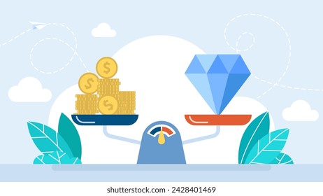 El precio de la creatividad, talento, idea. Monedas y balance de diamantes en la escala. Escalas clásicas de oro con cuencos con dólar y diamante. Moneda arte conceptual. Ilustración vectorial