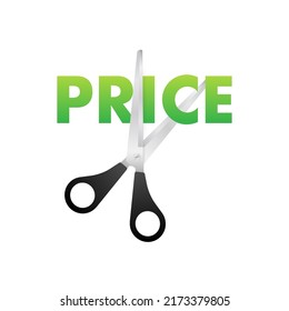 Recorte de precios en un estilo plano sobre fondo blanco. Ilustración vectorial, personaje de dibujos animados.
