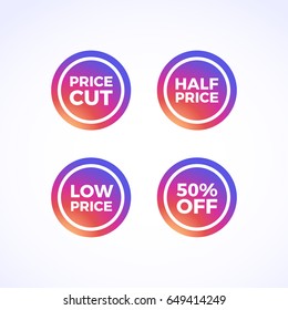 Price Cut, Half Price, Low Price & 50% Off Round Labels