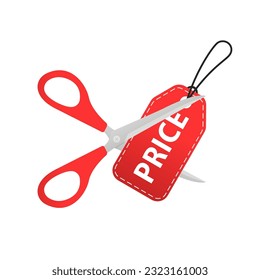 Price Cut Label. Modern Web Banner Element With Scissor. Purchase symbol. Cut Prices, holiday or seasonal sales. Web page elements template. Vector illustration