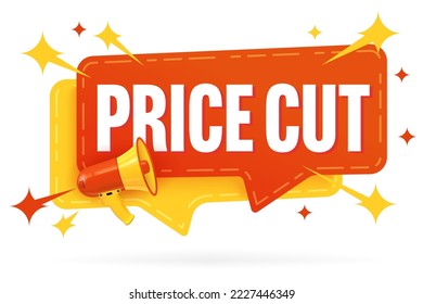 Price cut sale sticker template design. Discount label. Retail shop sale bargain advertising. Marketing sticker badge speech bubble design with megaphone vector illustration isolated on white