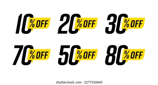 Price discount percent advertising label set. Different price reduction amounts shopping business offer stickers. Sale promotion tag template design collection vector illustration