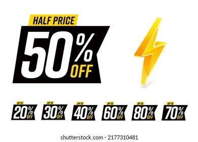 Price discount special offer label set. Half price shop event sale advertising sticker template with lightning bolt sign. Retail business and marketing tag vector illustration