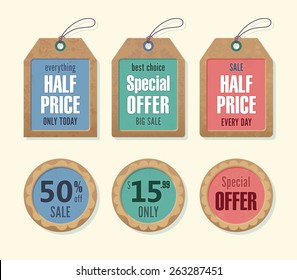 Price and discount tags retro color design, vector illustration.