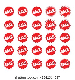 Price down sticker label set red sunburst badge design elements icon sale special offer tag promotional shopping red stickers. Flat vector illustration fully editable and saved in EPS 10.