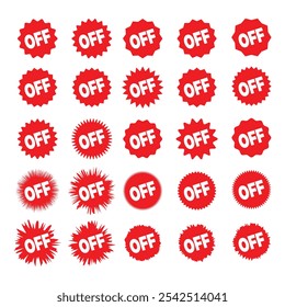 Price down sticker label set red sunburst badge design elements icon sale special offer tag promotional shopping red stickers. Flat vector illustration fully editable and saved in EPS 10.