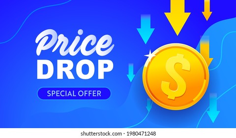 Price Drop Banner Design. Low Price Poster, Cheap Vector Template. Price Drop Falling Prices And Business Downturn, Financial Debt, Banner Sale Schedule 