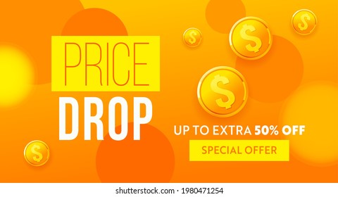 Price drop banner design. Low price poster, cheap vector template. Price drop falling prices and Business downturn, financial debt, banner sale schedule 