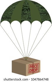 Price drop concept. A military parachute  with camouflage texture carrying package or box. Vector illustration.