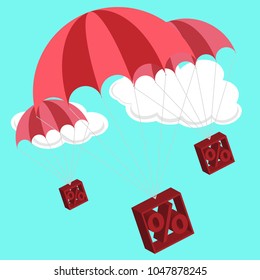 Price drop concept. Vector illustration of red parachutes with 3D percentage signs.