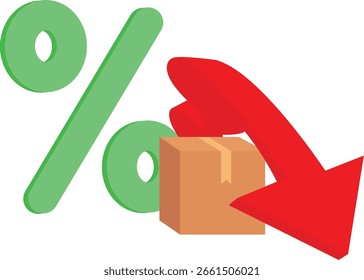 Price Drop Down Arrow, store promotions, or online shopping. A price drop design featuring a downward graphic with a percentage sign. A down arrow indicates a sale or discount.

