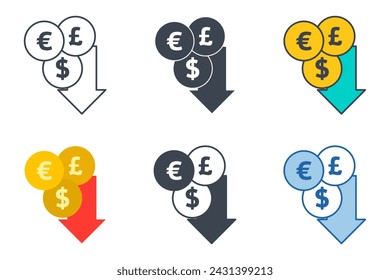 Price Drop icon collection with different styles. Interest rate reduction or coin down symbol vector illustration isolated on white background
