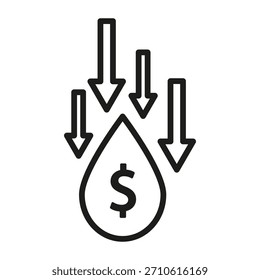 Icono de caída de Precio. Símbolo de reducción de costes. Vector de valor del aceite. Combustible barato.