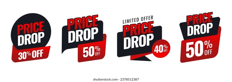 Price drop labels set black and red sale banner, low price poster vector illustration eps 10 white background