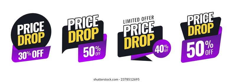 Price drop labels set black and purple sale banner, low price poster vector illustration eps 10 white background