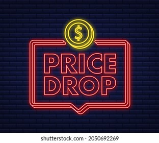 Price Drop Neon Banner Template Design. Sale Special Offer. Vector Stock Illustration.