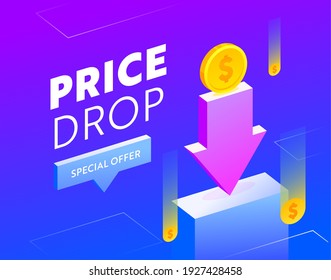 Price Drop Sale Advertising Banner with Typography. Blue Background Design with Coins and Arrow for Shopping Discount. Social Media Promo Ad, Store Off Poster, Flyer Card Template. Vector Illustration