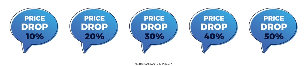 Price drop sale blue balloon sticker set. 10, 20, 30, 40, 50 percent.