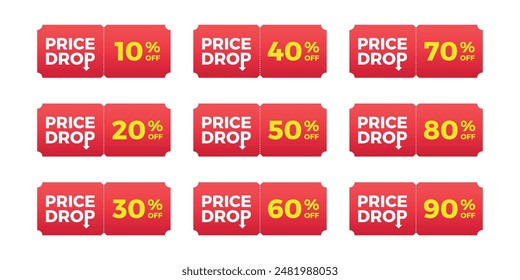 Price drop sale coupon set. 10, 20, 30, 40, 50, 60, 70, 80, 90 percent. Red and yellow