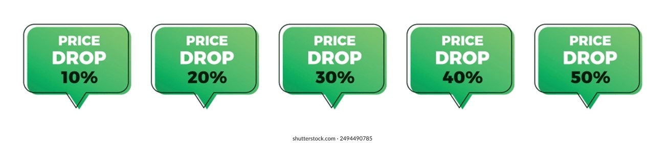 Price drop sale green balloon sticker set. 10, 20, 30, 40, 50 percent.