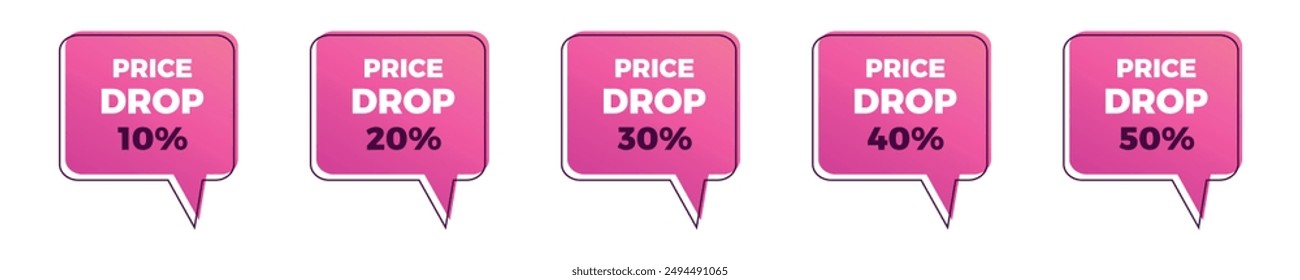 Price drop sale pink balloon sticker set. 10, 20, 30, 40, 50 percent.