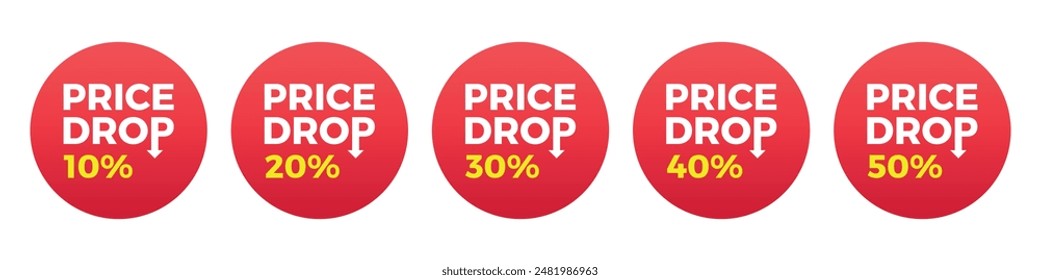 Price drop sale sticker set. 10, 20, 30, 40, 50 percent. Red and yellow