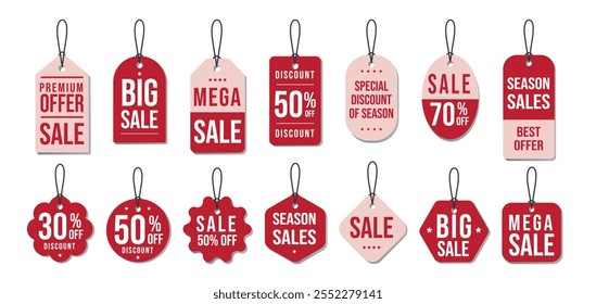 Price drop sale tag set. Realistic red sale labels, discount price tags mockups.Promotional sales hanging tag vector template set. Paper gift label with rope. Retail product sticker elements