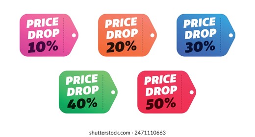 price drop set sale colorful tag 10% 20% 30% 40% 50%