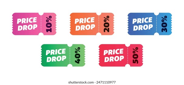 price drop set sale colorful ticket 10% 20% 30% 40% 50%