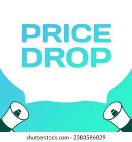 Price drop sign. Flat, blue, text from horns, price drop sign. Vector icon