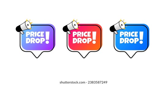 Señales de caída de precios. Plano, color, burbujas de mensajes, caída de precios. Iconos del vector