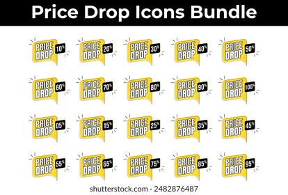 Price Drop Vector Icon Bundle, price drop label set, Price drop label badge design, 5% to 100% badges, vector icon, p discount collection