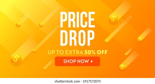 Price drop yellow banner. Promotion horizontal cheap price illustration