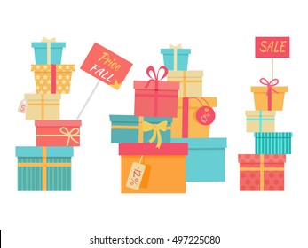 Price fall sale concept set. Big piles of colorful wrapped gift boxes. Mountain gifts sale. Beautiful present boxes with bows. Gift box icons, symbols. Christmas sale. Isolated vector illustration