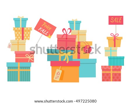 Price fall sale concept set. Big piles of colorful wrapped gift boxes. Mountain gifts sale. Beautiful present boxes with bows. Gift box icons, symbols. Christmas sale. Isolated vector illustration