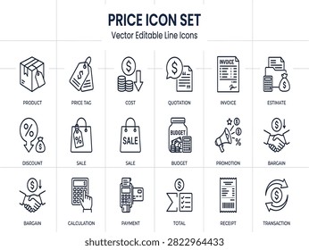 Price and financial value line icon set including discount label, cost tag, payment method, and product pricing.