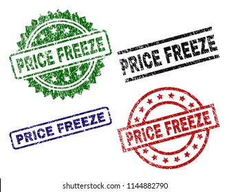 PRICE FREEZE seal prints with distress texture. Black, green,red,blue vector rubber prints of PRICE FREEZE label with grunge texture. Rubber seals with circle, rectangle, medal shapes.