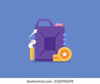Price of fuel jumps up. The increase in the price of crude oil in the world. A man stands up, big jerrycan, coins. The fuel crises. Problems and inflation. Flat and Minimalist Illustration Design