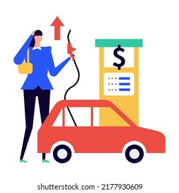 Price of gasoline - modern colorful flat design style illustration on white background. A scene with lady at a gas station wanting to pay for car fuel. Economy personal transport and city vehicle idea