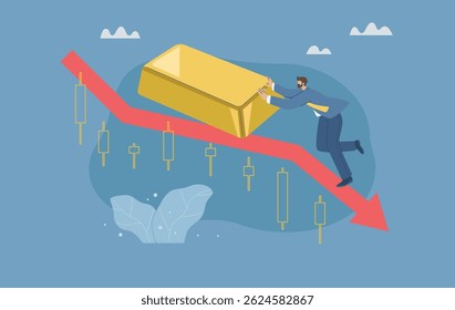The price of gold market has fallen sharply, The crisis of gold investment, Business or economic downturn, Investors are battling falling gold prices. Vector design illustration.
