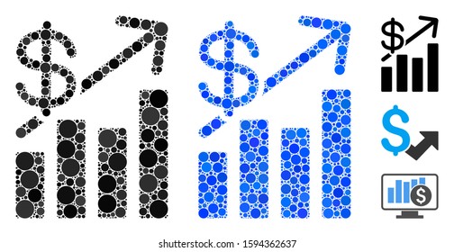 Price growth chart composition of small circles in different sizes and color tints, based on price growth chart icon. Vector small circles are composed into blue collage.