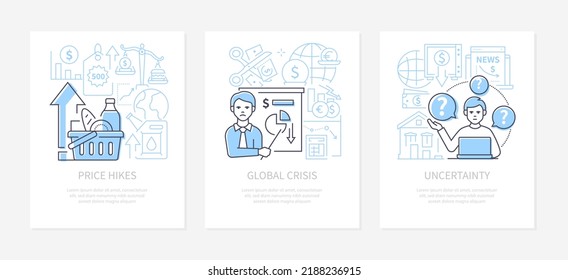 Price hikes and global crisis - line design style banners set with place for text. Uncertainty, food basket, rising oil costs, financial instability, bankruptcy. Economy is going through hard times