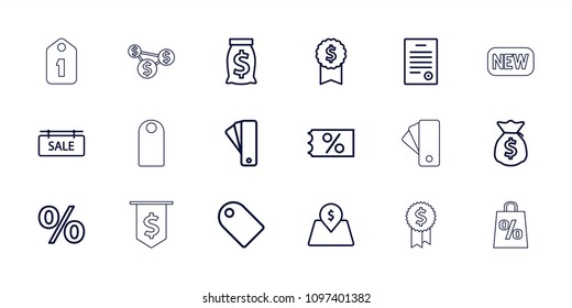 Price Icon. Collection Of 18 Price Outline Icons Such As Tag, Ticket On Sale, Money Sack, Dollar Award, Percent, Sale Tag. Editable Price Icons For Web And Mobile.