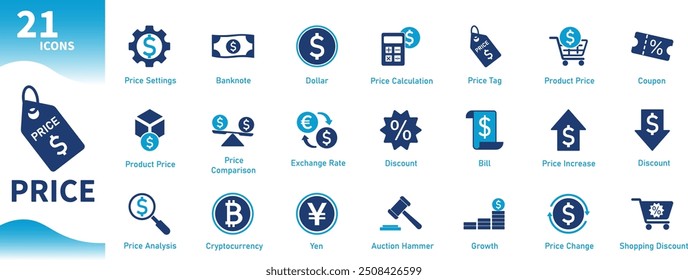 Icono de Precio. Colección de íconos financieros, tipo de cambio, descuento, divisa, negocios. Iconos sólidos del vector.