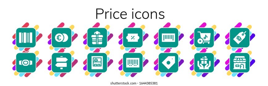 price icon set. 14 filled price icons. Included Barcode, Champion belt, Euro, Signs, Gift, Shop, Discount, Price tag, Store, Tag icons