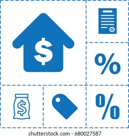 Price icon. set of 6 price filled and outline icons such as buying a house, bill of house, tag, percent