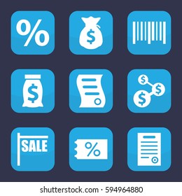 price icon. Set of 9 filled price icons such as bar code, bill of house sell, bill of house, money sack, sale, ticket on sale, percent
