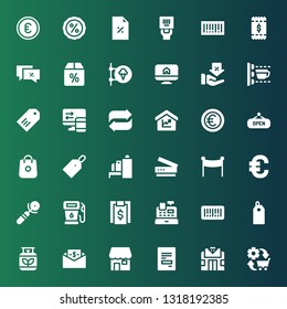 price icon set. Collection of 36 filled price icons included Commerce, Pawn shop, Receipt, Shop, Bill, Gas, Price tag, Barcode, Cashier machine, Sign, Euro, Banner, Scanner, Shopping